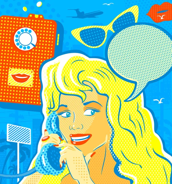 Pop Art estilo menina com telefone — Vetor de Stock