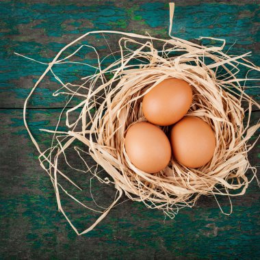 Rustik ahşap plakalar üzerinde yuvadaki yumurta. Tatil arka plan