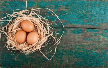 Rustik ahşap plakalar üzerinde yuvadaki yumurta. Tatil arka plan