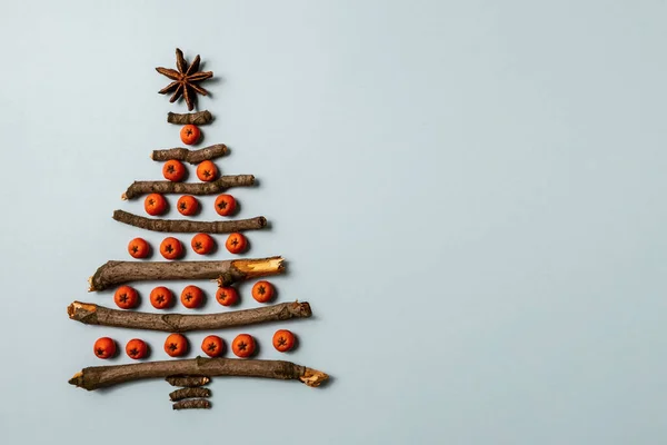 Karácsonyfa Faágakból Bogyósgyümölcsűekből Újévi Ünnepség Koncepció Karácsonyfa Csillag Piros Csecsebecse — Stock Fotó