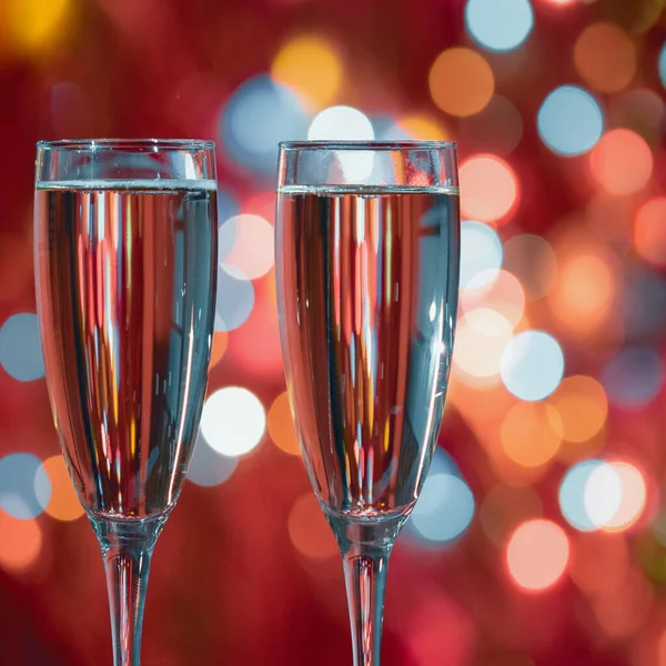 Champagne Glas Närbild Jul Och Nyår Semester Bokeh Bakgrund Två — Stockfoto