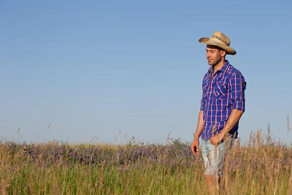 Aantrekkelijke jonge man permanent in een veld. Cowboy — Stockfoto