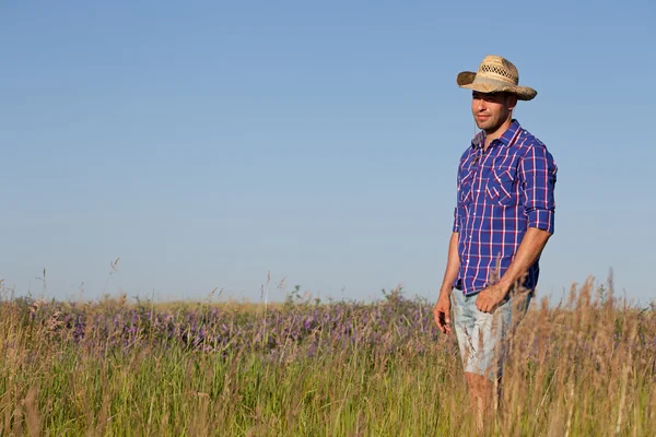 Привлекательный молодой человек, стоящий в поле. Ковбой — стоковое фото