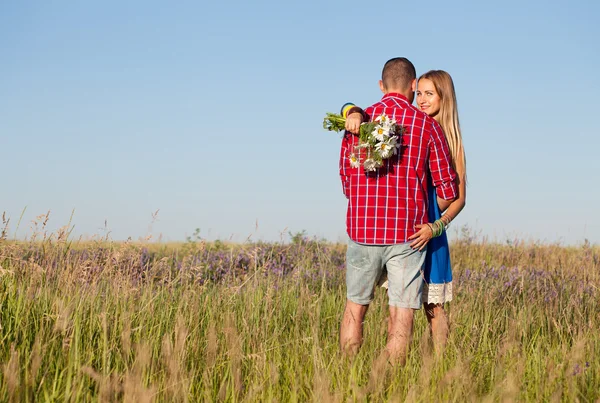 愛の物語。屋外、草原の中を歩いて美しい若いカップル — ストック写真