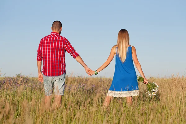 Storia d'amore. Bella giovane coppia a piedi nel prato, all'aperto — Foto Stock