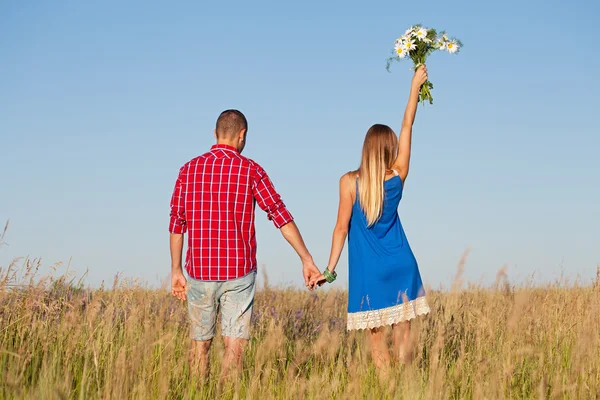 Storia d'amore. Bella giovane coppia a piedi nel prato, all'aperto — Foto Stock