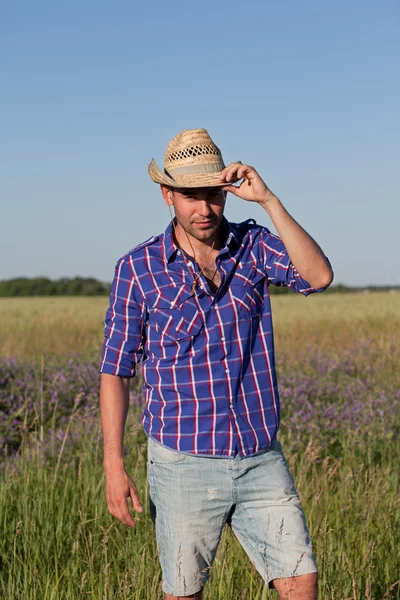 Aantrekkelijke jonge man permanent in een veld. Cowboy Rechtenvrije Stockafbeeldingen