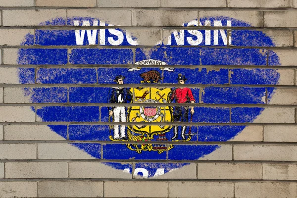 Heart shape flag of wisconsin on brick wall — Stock Photo, Image
