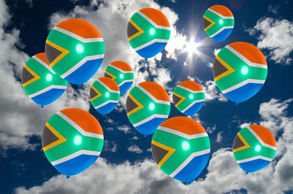 Muchos globos con bandera de Sudáfrica en el cielo —  Fotos de Stock