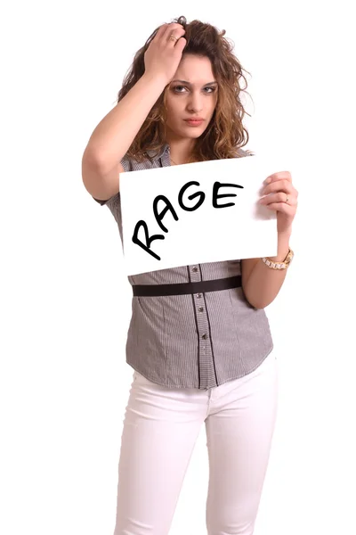 Nepříjemná žena drží papír s textem Rage — Stock fotografie