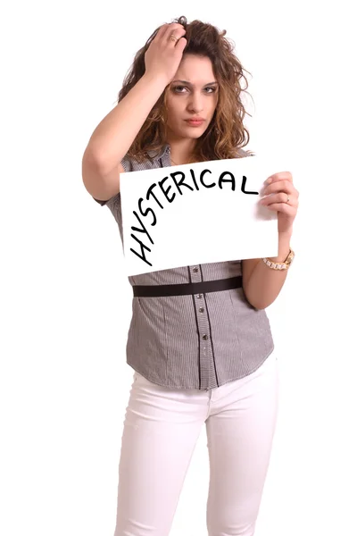 Uncomfortable woman holding paper with Hysterical text — Stock Photo, Image