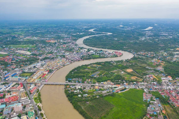 Chao Phraya Nehri Kıvrımlı Binaların Hava Manzarası Cha Choeng Sao — Stok fotoğraf