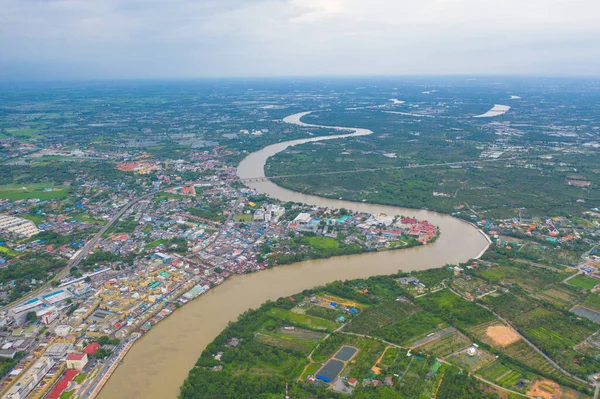 Chao Phraya Nehri Kıvrımlı Binaların Hava Manzarası Cha Choeng Sao — Stok fotoğraf