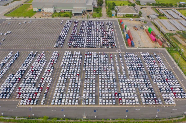 Aerial Top View Autók Parkoló Eladó Stock Sor Kereskedő Leltár — Stock Fotó