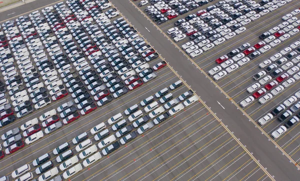 Aerial Top View Autók Parkoló Eladó Stock Sor Kereskedő Leltár — Stock Fotó
