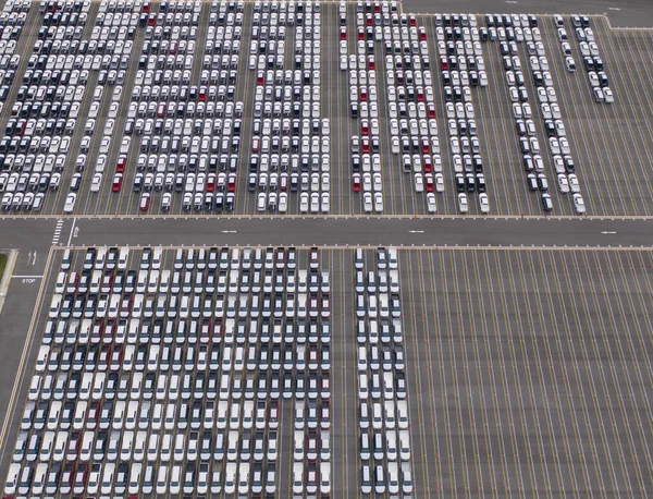 Bovenaanzicht Vanuit Lucht Van Nieuwe Auto Parking Koop Stock Lot — Stockfoto