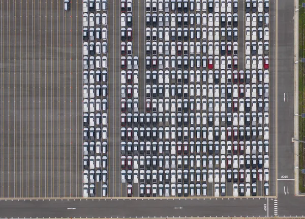 Bovenaanzicht Vanuit Lucht Van Nieuwe Auto Parking Koop Stock Lot — Stockfoto