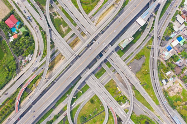 Aerial View Cars Driving Highway Junctions Bridge Street Roads Connection — Stock Photo, Image