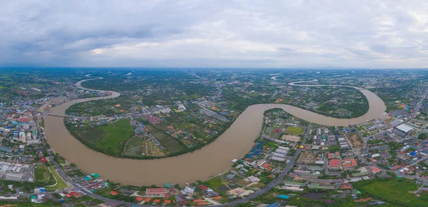 Vista Aérea Edifícios Com Curva Rio Chao Phraya Cha Choeng — Fotografia de Stock