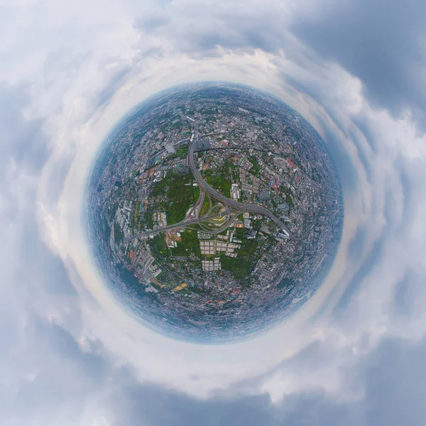 Little planet 360 degree sphere. Panorama of aerial view of cars driving on highway junctions. Bridge street roads in connection network of architecture concept. Urban city, Bangkok, Thailand.