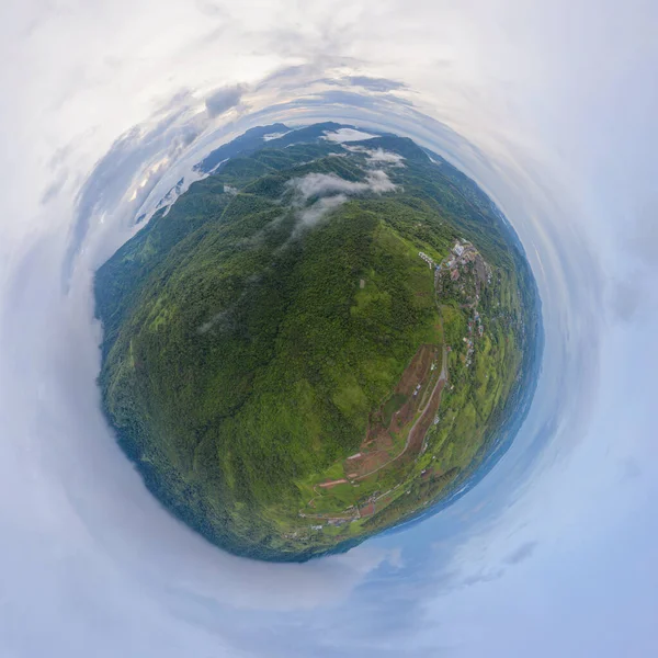 Pequeño Planeta Esfera 360 Grados Panorama Vista Aérea Cima Colina —  Fotos de Stock