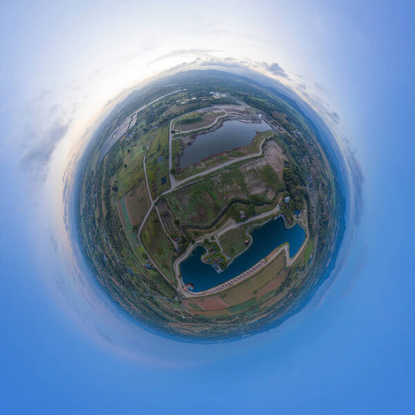 Little planet 360 degree sphere. Panorama of aerial view of hotel resort with green mountain hill. Nature landscape background in Khao Yai, Nakhon Ratchasima, Thailand.