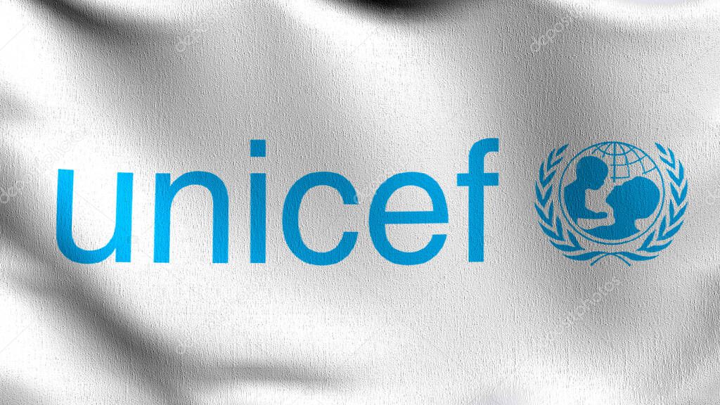 Flag of UNICEF, The United Nations Children's Fund, agency responsible for providing humanitarian and developmental aid to children worldwide. 3D rendering illustration of waving sign symbol.