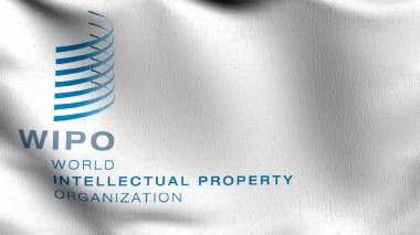 WIPO ya da Dünya Fikri Mülkiyet Örgütü bayrağı. Dalgalanan işaret sembolünün 3 boyutlu canlandırması.