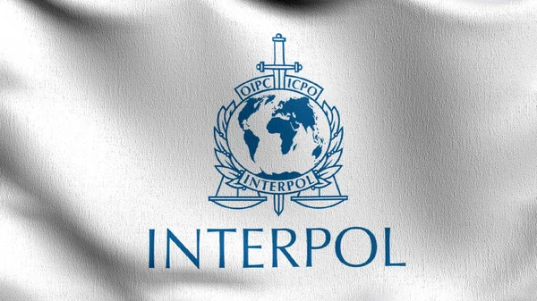 Flag of Interpol or The International Criminal Police Organization commonly. 3D rendering illustration of waving sign symbol.