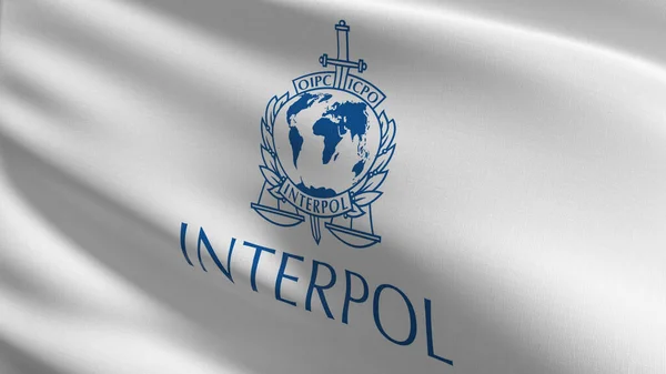 Flag of Interpol or The International Criminal Police Organization commonly. 3D rendering illustration of waving sign symbol.