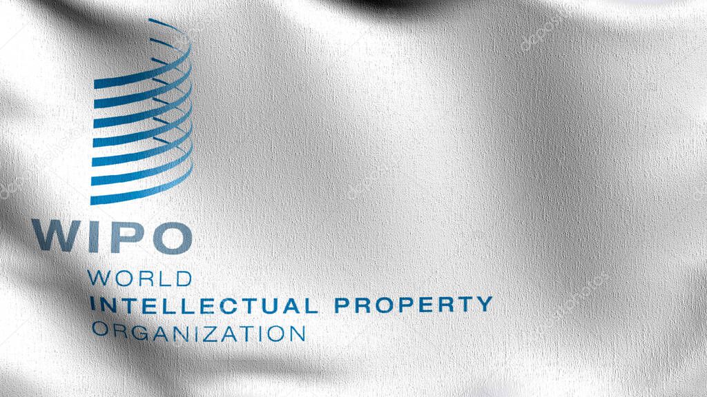 Flag of WIPO or World Intellectual Property Organization. 3D rendering illustration of waving sign symbol.