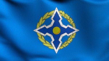 CSTO ya da Kolektif Güvenlik Antlaşması Örgütü bayrağı. Dalgalanan işaret sembolünün 3 boyutlu canlandırması.