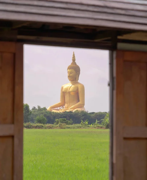 Der Goldene Riesenbuddha Wat Muang Bezirk Ang Thong Mit Reisfeld — Stockfoto