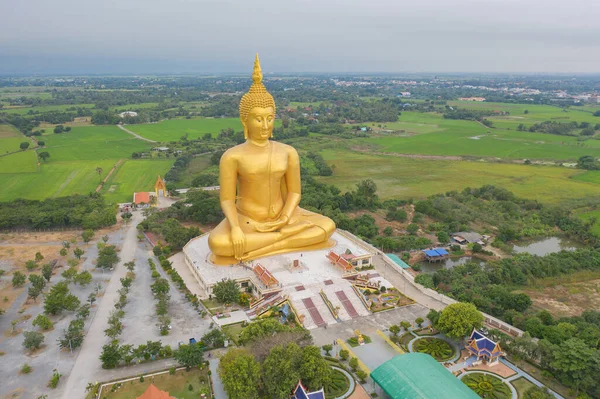 曼谷附近有稻田的昂同地区的大金佛的空中景观 泰国城市城 — 图库照片