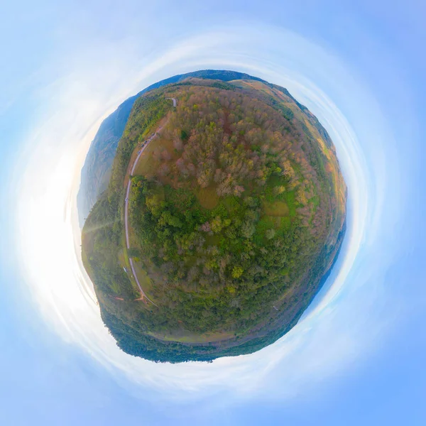 Pequeno Planeta 360 Graus Esfera Panorama Vista Aérea Flores Cereja — Fotografia de Stock