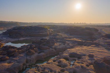 Aerial view of Sam Phan Bok, Ubon Ratchathani, Thailand. Dry rock reef in the Mekong River. Nature landscape background. Grand Canyon of Thailand.