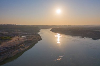 Aerial view of Sam Phan Bok, Ubon Ratchathani, Thailand. Dry rock reef in the Mekong River. Nature landscape background. Grand Canyon of Thailand.