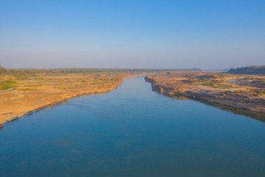 Aerial view of Sam Phan Bok, Ubon Ratchathani, Thailand. Dry rock reef in the Mekong River. Nature landscape background. Grand Canyon of Thailand.