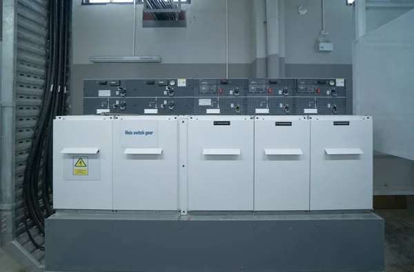 Close up of Industrial electric switch panel power plant in industry factory. Switchgear operation control station monitor manufacturing factory system. generator