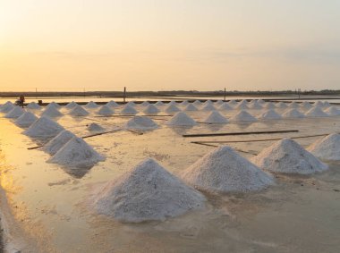 Denizli bir yığın çiğ deniz tuzu. Çiftlik arazisi. Tayland 'da geleneksel tuz endüstrisinde doğa malzemesi. Asya kültürü. Tarım.