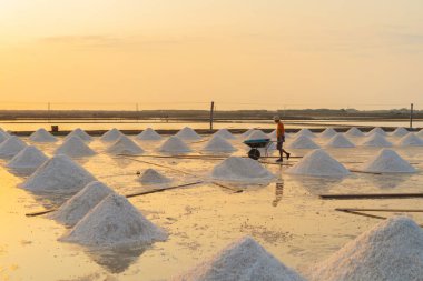 Çiftçiler denizden bir yığın çiğ deniz tuzu yapıyorlar. Çiftlik arazisi. Tayland 'da geleneksel tuz endüstrisinde doğa malzemesi. Asya kültürü. Tarım yaşam tarzı insanları.