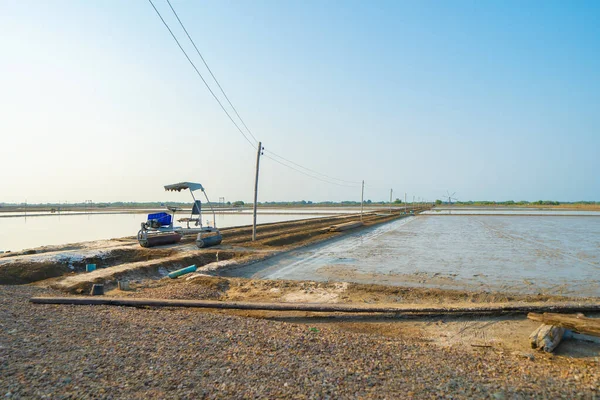 Natural sea salt ponds. Farm field outdoor. Material in traditional industry in Thailand. Asia culture. Agriculture.