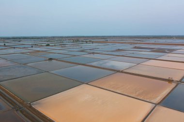 Doğal deniz tuzu göletlerinin havadan görünüşü. Çiftlik arazisi. Tayland 'da geleneksel endüstride malzeme. Asya kültürü. Tarım sulama. Nehir yansıması.