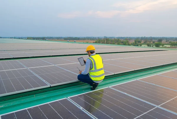 Portrait of engineer man or worker, people, working on solar panels or solar cells on the roof in factory industry. Power plant, renewable energy source. Eco technology for electric power. Maintenance