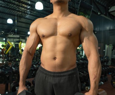 Dambılları kaldıran, spor yapan, spor yapan ve spor salonunda ya da spor salonunda antrenman yapan güçlü erkek kaslarını kapat. Eğlence konsepti. Yaşam tarzı aktivite insanları.