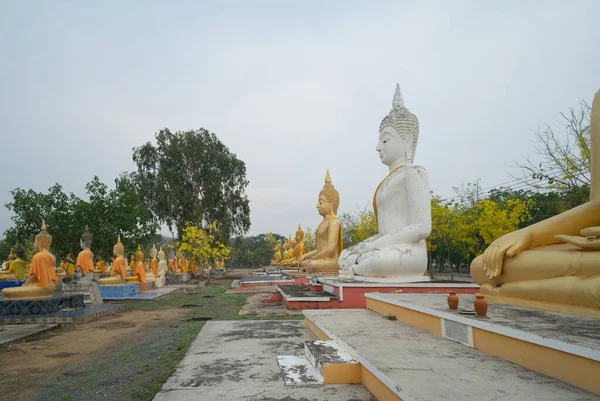 Wiersz Posągów Buddy Stare Ruiny Rozci Gacza Wat Phai Rong — Zdjęcie stockowe