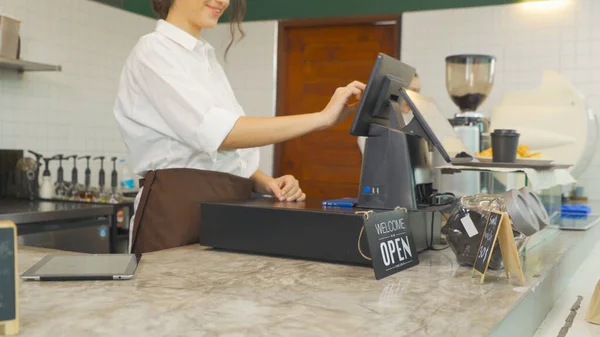 Woman Barista People Apron Collecting Order Talking Customer Counter Coffee — Stock Photo, Image