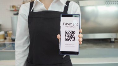 Kadının elinde akıllı telefon QR kod ekran görüntüsü, kafe restoranında tarama, çevrimiçi yardım ödeme süreci. İnternet bankacılığı. Online cüzdan. Nakitsiz. İş hizmeti.