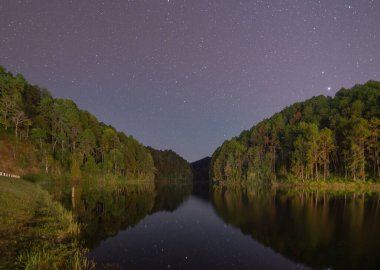 Samanyolu olan orman ağaçları ve geceleri Pang Oung 'da göl veya nehirde yıldızlar seyahat ve çevre kavramında. Mae Hong Son, Tayland 'da doğa manzarası.