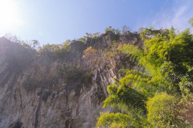 Yaz mevsiminde Tak, Tayland 'da, tropikal ormanlardaki yeşil ağaçlar ulusal parktaki uçurumlar ve dağ tepeleri. Doğal manzara arka planı.